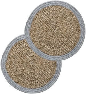 Tafel Placemat - Set van 6x stuks - zeegras en grijs - rond - Dia 39 cm