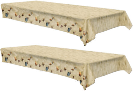 Tafelkleed strand thema - 2x - kunststof - schelpen en zandkleur - 275 x 135 cm