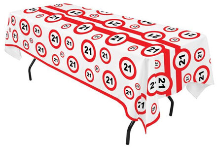 Tafelkleed verkeersbord - 21 jaar - verjaardag - 270 x 136 cm - kunststof - stopbord - tafellaken