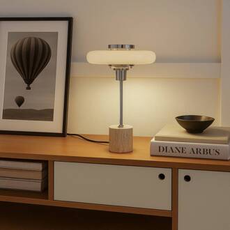 tafellamp Branford, retro, beige, metaal/travertijn