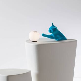 tafellamp Maoo, keramiek lichtblauw, glazen kattenbeeldje