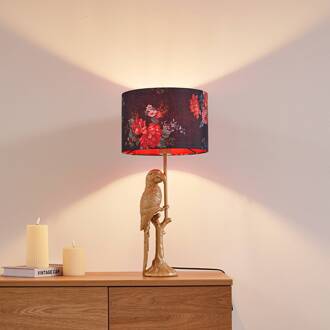 tafellamp Marula, goud, bloemenprint, textiel, E27 zwart, goud, rood