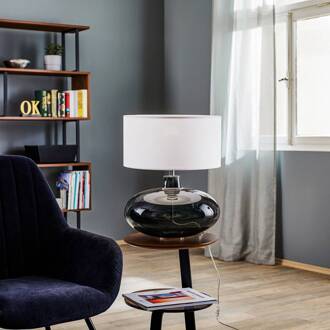 Tafellamp Skien, kap wit, glazen voet rookgrijs wit, rookgrijs