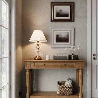 Tafellamp Teresa met kristallen en stoffen kap antiek brons, helder, wit