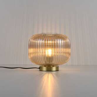 Tafellamp Virello ambra s - E27-fitting - Bol van geribbeld amberkleurig glas - Gouden ronde voet - IP20 voor binnen