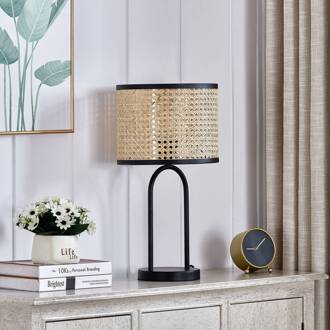 tafellamp Yaelle, 50 cm hoog, rotan, zwart, E27 hel hout