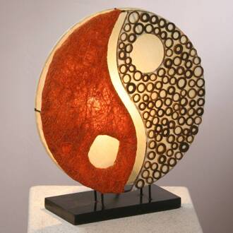 Tafellamp Ying Yang op houten voet 33 cm bruin, crème, oranje