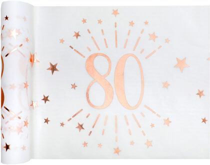 Tafelloper op rol - 2x - 80 jaar verjaardag - wit/rose goud - 30 x 500 cm - polyester - Feesttafelkleden