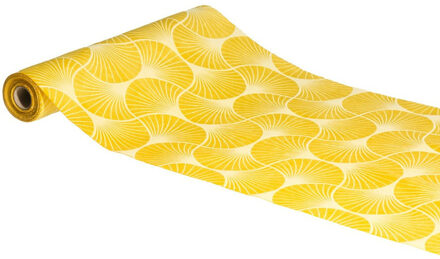 Tafelloper op rol - ginkgo print - geel - 28 x 300 cm - polyester