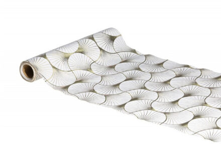 Tafelloper op rol - ginkgo print - wit/grijs - 28 x 300 cm - polyester