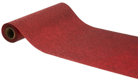 Tafelloper op rol - rode glitter - 30 x 500 cm - polyester - Feesttafelkleden Rood