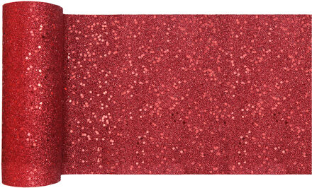 Tafelloper op rol - rood glitter - 18 x 500 cm - polyester - Feesttafelkleden