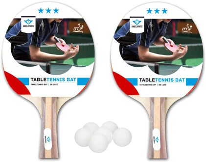 Tafeltennis set met 2x batjes 3 sterren + 12x tafeltennis/ping pong balletjes wit 4 cm - Tafeltennisbats Multikleur