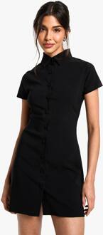 Tailored Button Down Collared A-Line Mini Dress, Black - 44