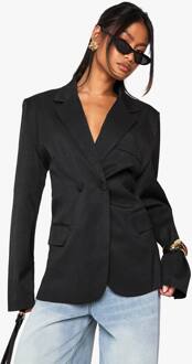 Tailored Cinched Waist Wrap Blazer, Black - 44
