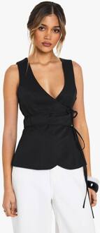 Tailored Linen Look Belted Waistcoat - Aangepaste Linnen-Look Gilet Met Ceintuur, Black - 42