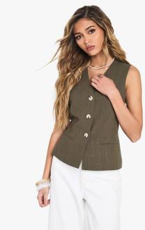 Tailored Linen Look Button Waistcoat, Khaki - 36