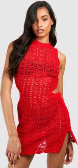 Tall Crochet Cut Out Detail Mini Dress, Red - 10