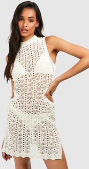 Tall Crochet Cut Out Detail Mini Dress, Stone - 10