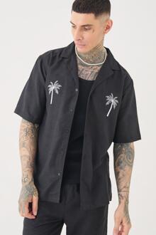 Tall Linen Embroidered Drop Revere Shirt In Black, Black