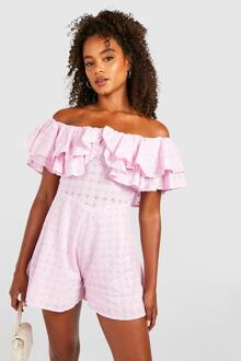 Tall Losse Broderie Off Shoulder Off Shoulder Bloemen Romper Met Ruches, Lavender - 36