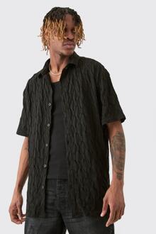 Tall Oversized Jacquard Overhemd Met Korte Mouwen In Zwart, Black - L