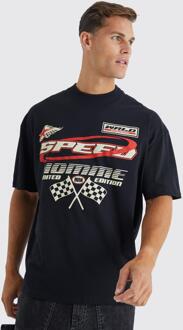 Tall Oversized Moto Racing T-Shirt Met Print, Black - XL