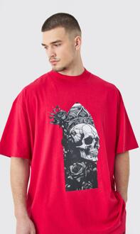 Tall Oversized Schedel T-Shirt Met Brede Nek, Red