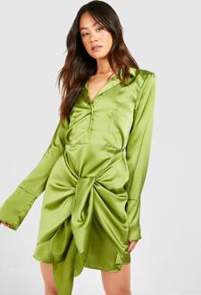 Tall Satin Collared Tie Front Shirt Dress, Olive - 16