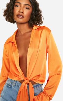Tall Satin Tie Front Shirt, Orange - 10