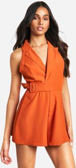 Tall Woven Collared Buckle Detail Romper, Rust - 12