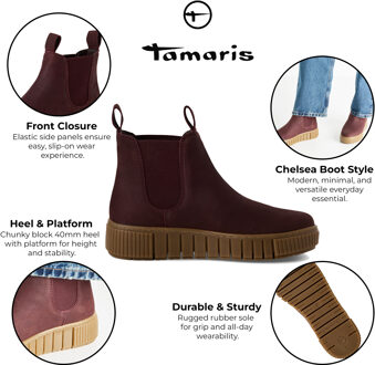 Tamaris Dames Bordeaux Burgundy Leren Chelsea Enkellaarsjes Bourgogne