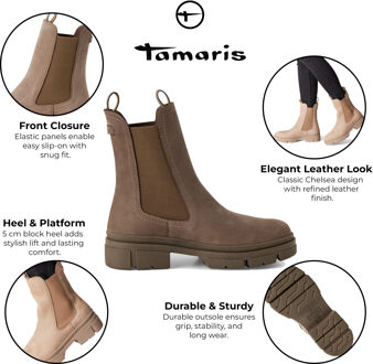 Tamaris Dames Dune Taupe Bruine Leren Klassieke Hoge Chelsea Enkellaarsjes