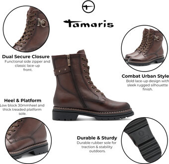 Tamaris Dames Fashion Bruine Leren Veterschoenen met Rits Combat Enkellaarsjes - EU 38