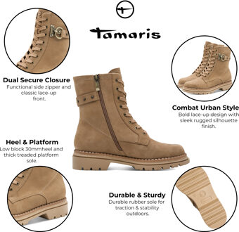 Tamaris Dames Fashion Camel Beige Leren Veterschoenen met Rits Combat Enkellaarsjes - EU 40
