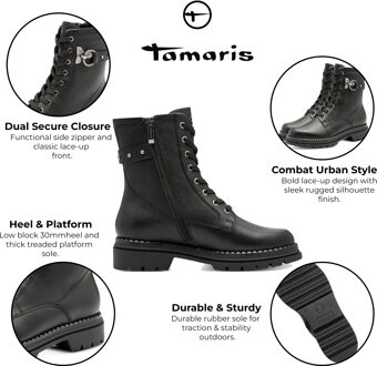 Tamaris Dames Fashion Zwarte Leren Veterschoenen met Rits Combat Enkellaarsjes