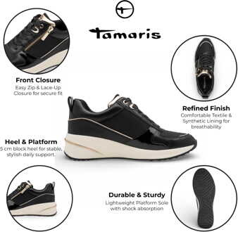 Tamaris dames hardloopschoenen met platformzool, zwart en goudkleurig, met ritssluiting en vetersluiting. - maat Zwart/goud