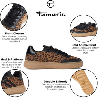 Tamaris Dames Luipaard Zwarte Leren Mode Gestreepte Veterschoenen Bruin - EU 40