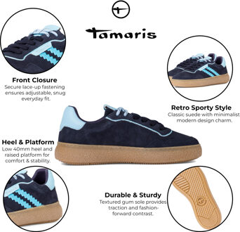 Tamaris Dames Marineblauwe Leren Fashion Stripe Veterschoenen - EU 36