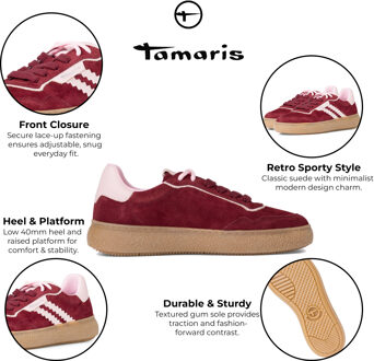 Tamaris Dames Merlot Burgundy Rode Leren Fashion Stripe Veterschoenen - maat EU 38 Bourgogne