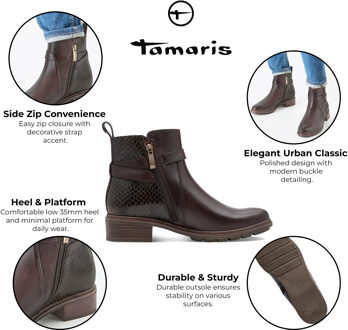 Tamaris Dames Mocca Bruine Leren Biker Enkellaarsjes met Gesp en Rits