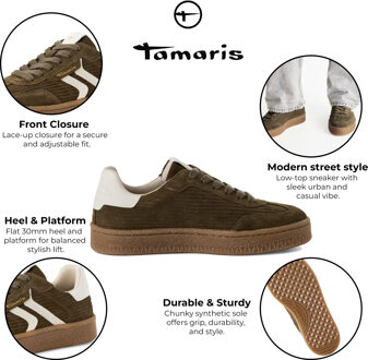 Tamaris Dames Olijfgroene Suède Mode Veterschoenen - maat EU 36