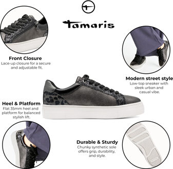 Tamaris Dames Pewter Zilveren Kunstleren Mode Veterschoenen - maat
