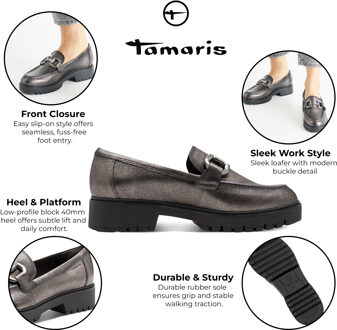 Tamaris Dames Pewter Zilveren Leren Loafers Slip-On Platform Schoenen - EU 38