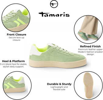 Tamaris dames sneakers van groen leer met neonstrepen - maat EU 38