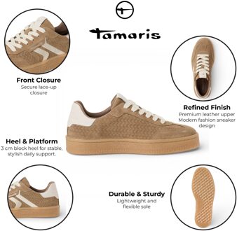 Tamaris dames sneakers van taupekleurig leer met witte strepen - EU 38
