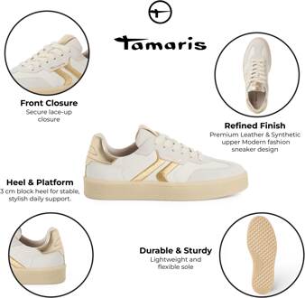 Tamaris dames sneakers van wit leer met gouden strepen - maat EU 38 Wit & Goud