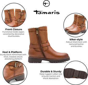 Tamaris Dames Winter Cognac Bruine Leren Gesp Rits Biker Enkellaarsjes