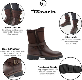 Tamaris Dames Winter Mocca Bruine Leren Gesp Rits Biker Enkellaarsjes