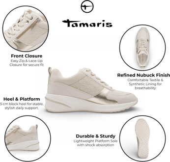 Tamaris dames witte en gouden platform sneakers met ritssluiting en vetersluiting. - maat EU 40 Ivoor